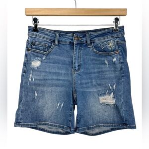 Judy Blue Mid Rise Stretch Distressed Denim Shorts with Dandelion Embellishment